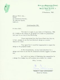 Letter from Piaras Mac Lochlainn, Office of Public Works, to Mervyn Wall, Secretary of the Arts Council. [Letter reproduced courtesy of the Office of Public Works]